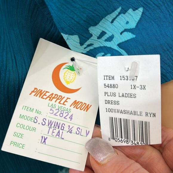 Pineapple Moon Floral Teal Midi Dress Sz 1X Scoop Neck Short Sleeve 💯% Rayon New - Picture 6 of 13